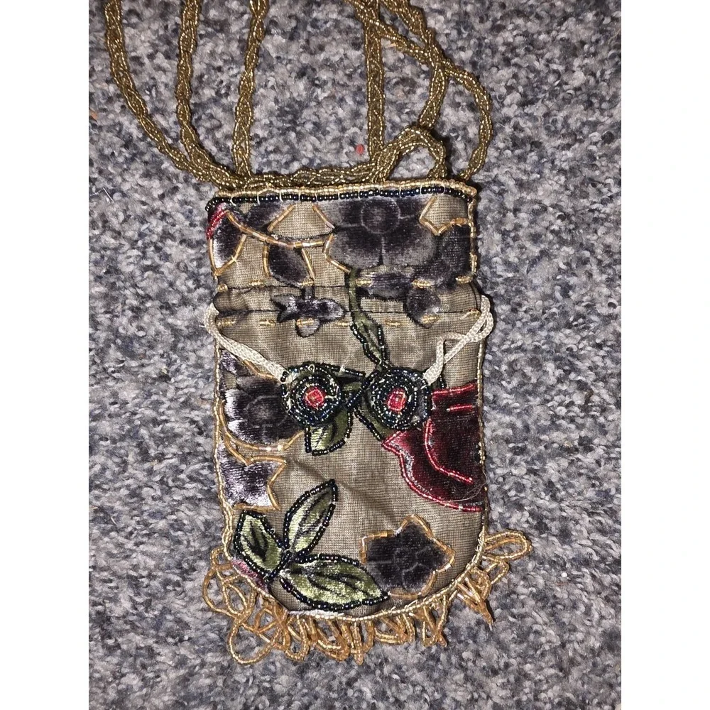 Vintage Style‎ Beaded Drawstring Pouch. Dark Olive Fabric Adorned With Floral...
